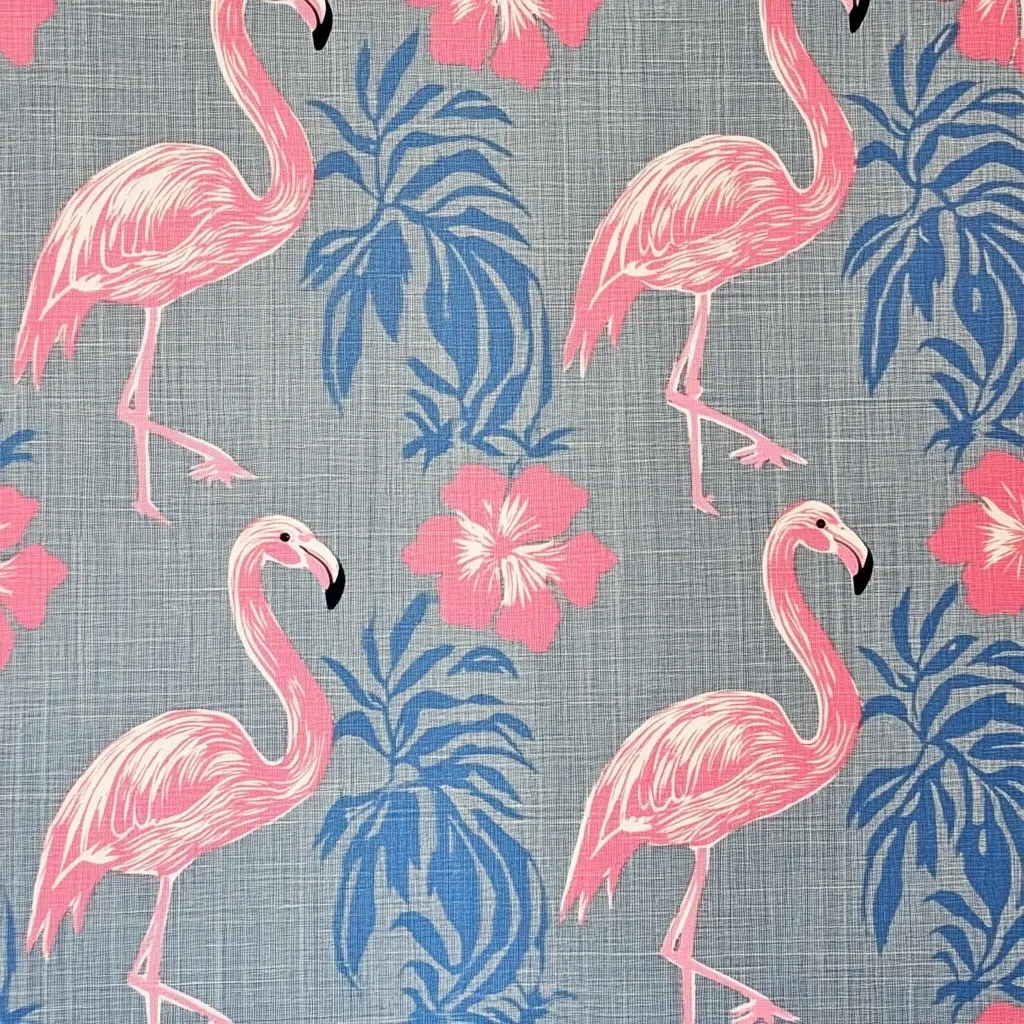 A gray linen-textured fabric features a repeating pattern of pink flamingos and tropical flowers.  Stylized blue palm fronds are interspersed among the vibrant pink hibiscus-like blossoms. The flamingos are depicted in a mid-century modern style, elegant and detailed against the neutral background. The overall effect is a cheerful, tropical aesthetic.