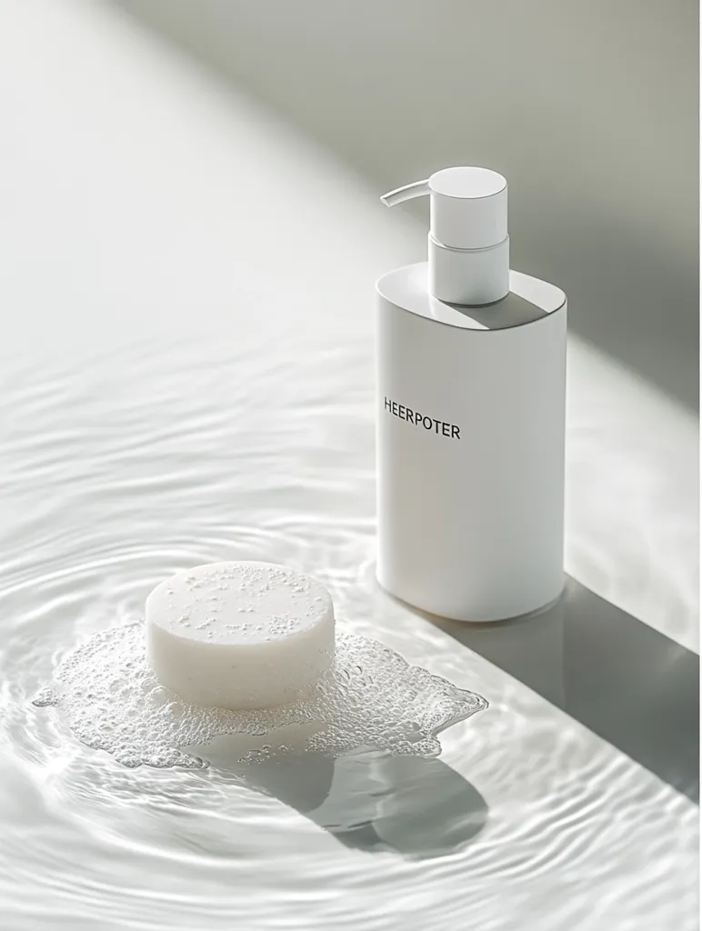 A minimalist bathroom scene features a white pump bottle labeled "HEERPOTER" and a round bar of soap floating in soapy water.  The scene is bathed in soft, natural light, creating gentle ripples on the water's surface.  The overall aesthetic is clean, serene, and emphasizes the products' simple elegance.