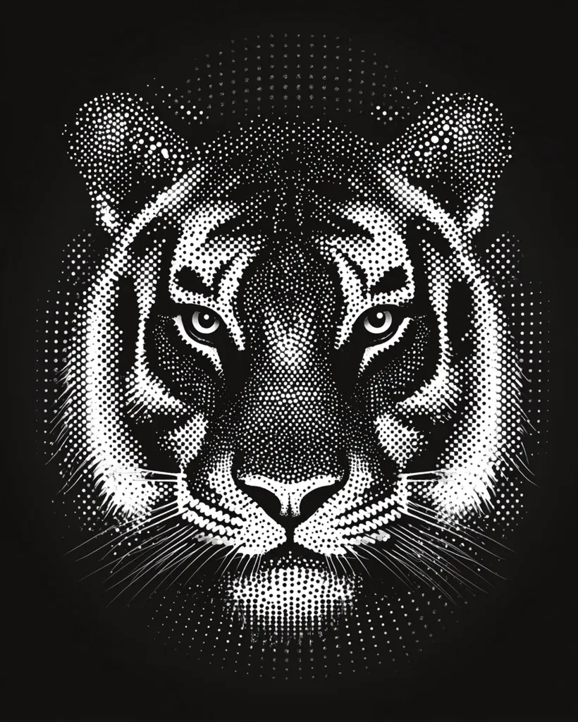 A striking black and white pointillist illustration of a tiger's face.  The image uses dots of varying sizes to create a detailed portrait, emphasizing the tiger's intense gaze and powerful features. The background is solid black, providing a stark contrast to the white dots that form the tiger. The overall effect is bold and graphic.