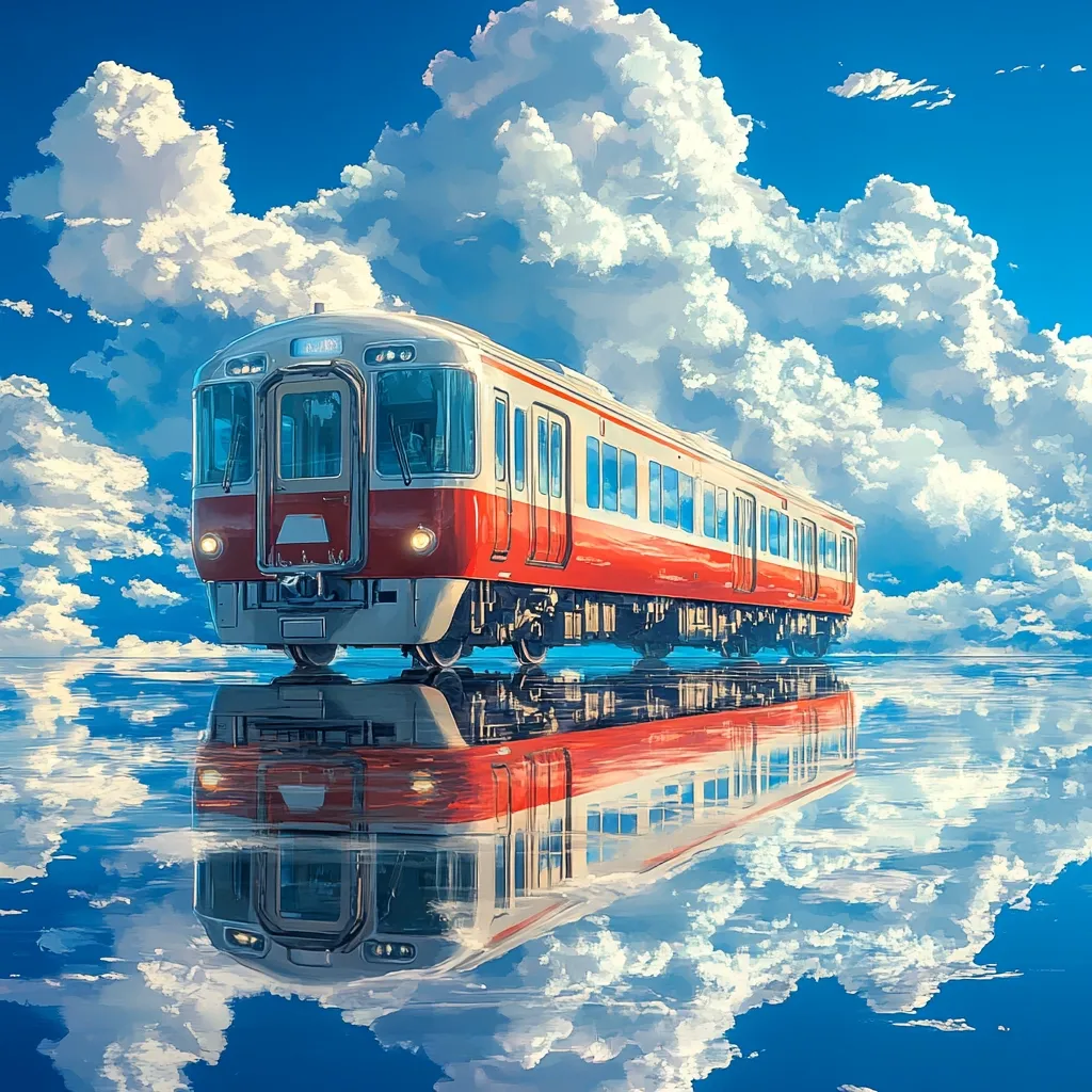 A long, red and white passenger train sits on a reflective surface under a vibrant blue sky filled with fluffy white clouds.  The train's reflection is perfectly mirrored in the water, creating a surreal and dreamlike scene.  The overall style is anime-inspired, with soft, painterly clouds and a clean, stylized train design. The image evokes a feeling of tranquility and wonder.