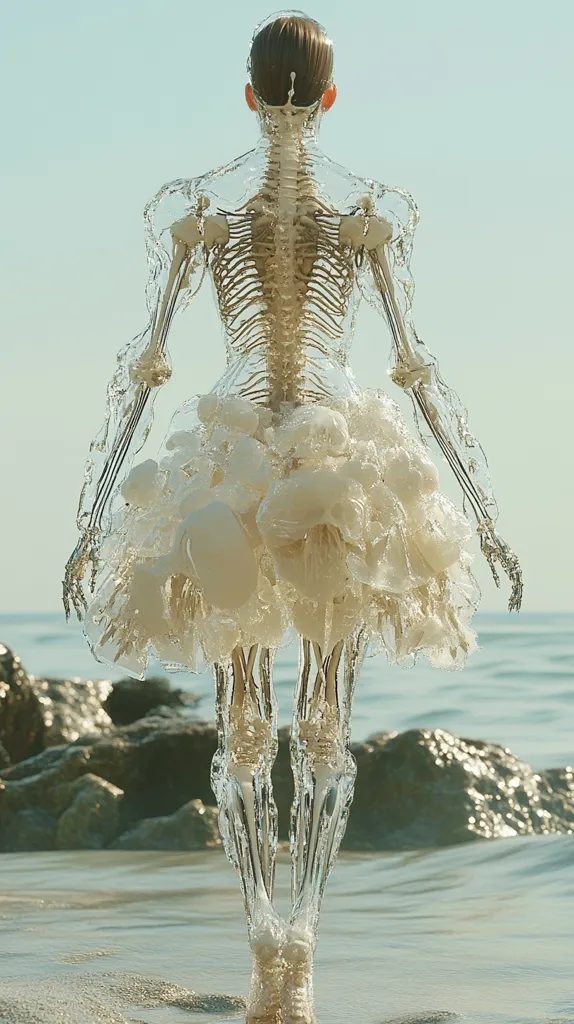 A digital rendering depicts a translucent female figure on a beach.  Her skeletal structure is visible through a seemingly water-like form, draped in a flowing, diaphanous skirt. The figure stands with its back to the viewer, facing the calm ocean. The overall aesthetic is ethereal and surreal, evoking a sense of fragility and the merging of bone and liquid. The background is a softly lit, serene beach scene.