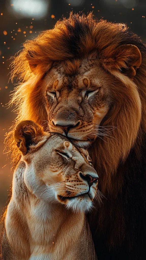 A majestic male lion with a thick, golden mane gently rests his head on a lioness.  Their eyes are closed, conveying a sense of peace and affection.  The warm, golden light enhances the rich colors of their fur, creating a stunning image of these powerful animals in an intimate moment.  Dust motes dance in the air, adding to the magical atmosphere.
