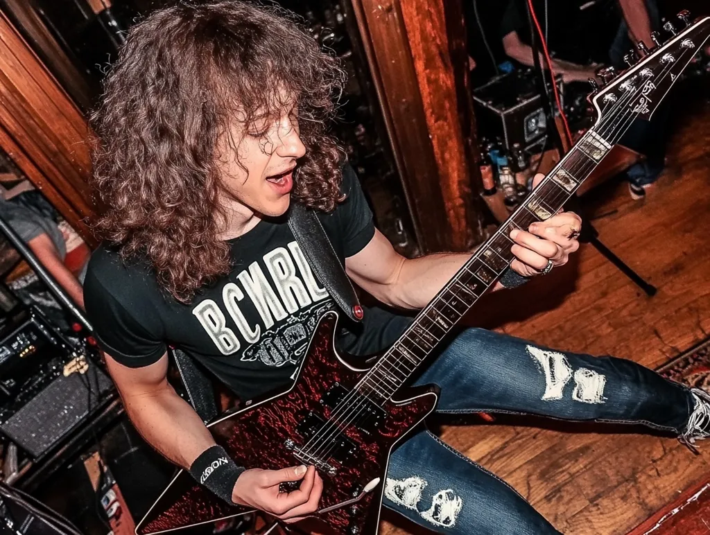 A young man with long curly brown hair intensely plays a red electric guitar. He's wearing a black t-shirt with white lettering, dark jeans with distressed details, and a wristband.  The setting appears to be a dimly lit bar or club, with musical equipment and other people partially visible in the background. The focus is sharply on the guitarist and his instrument.