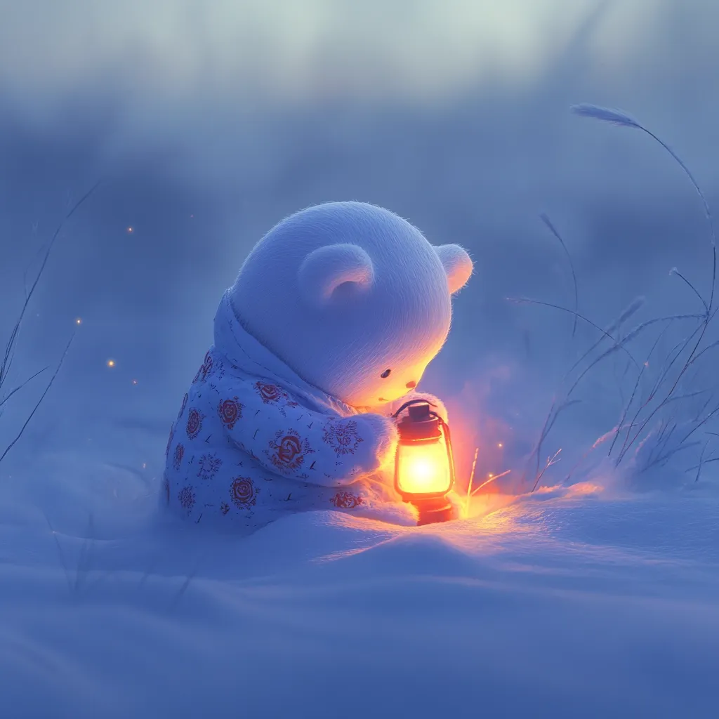 A fluffy white teddy bear, wearing a delicate floral pajama, sits in the snow.  It gently holds a small, glowing lantern, casting a warm light against the cool winter backdrop.  Tall grasses are frosted, and the scene evokes a sense of peace and quiet solitude. The soft light creates a magical, enchanting atmosphere.