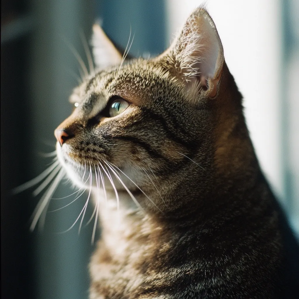 A tabby cat, its fur a blend of brown and gray, is captured in profile.  Sunlight illuminates its face, highlighting its striking green eyes and long whiskers.  The cat's gaze is directed upward and to the side, giving it a contemplative air.  Its fur appears soft and its expression serene, creating a peaceful and captivating image.