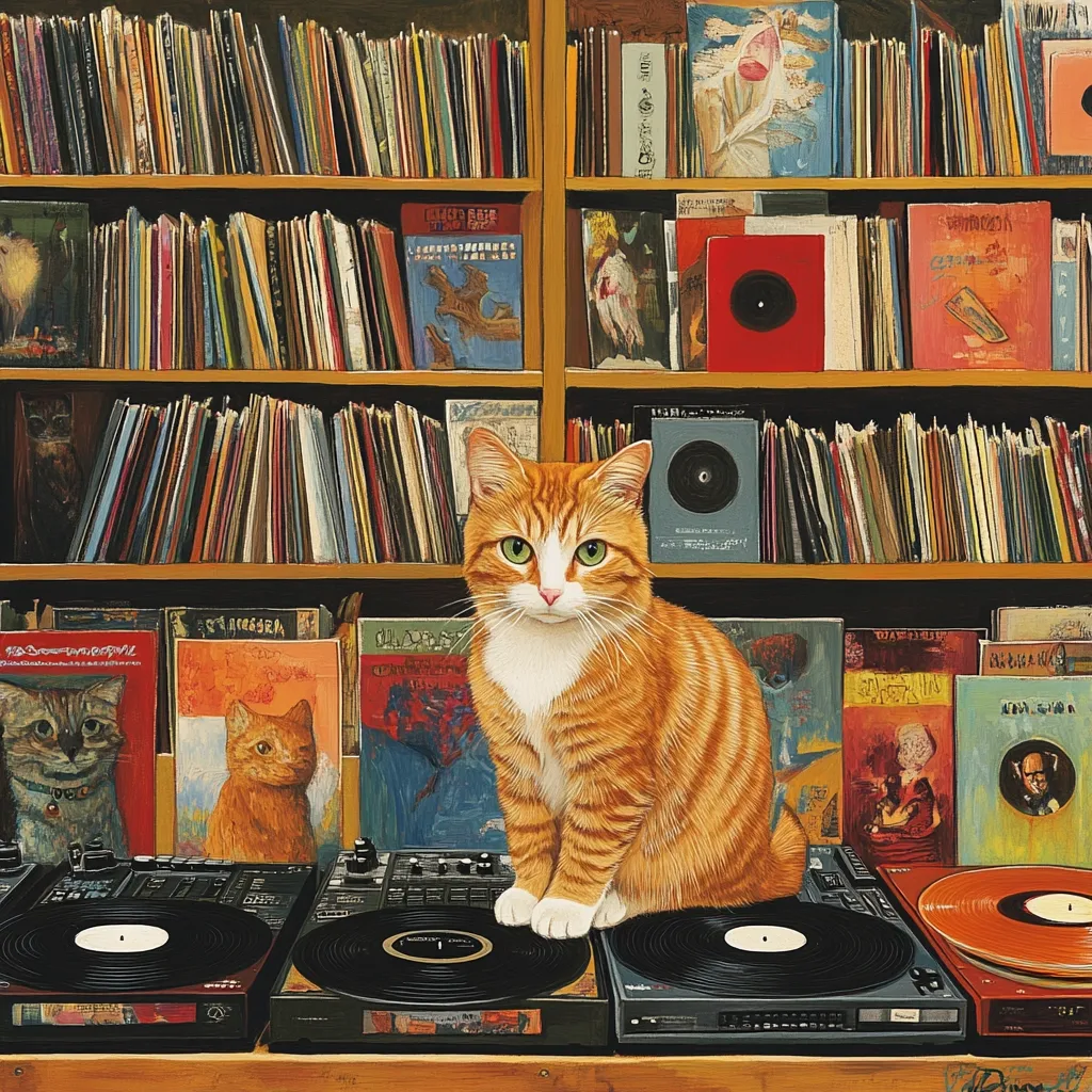 A ginger cat sits center stage on a turntable setup, flanked by two record players.  Behind it, a wall of bookshelves overflows with vinyl records and books, creating a vibrant, eclectic backdrop. The scene is rich in detail, suggesting a love for music and a cozy, artistic atmosphere.  The cat's calm demeanor adds to the overall peaceful mood of the image.