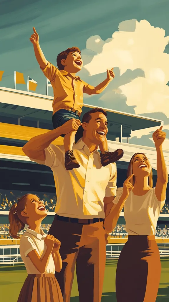 A joyful family of four stands at a racetrack, basking in the sunny atmosphere. The father carries his son on his shoulders, while the mother and daughter stand beside them, all with arms raised in excitement. The vibrant colors and stylized artwork evoke a sense of happiness and shared experience. The background showcases a bustling racetrack with spectators.  The scene is filled with energy and a strong sense of familial unity.