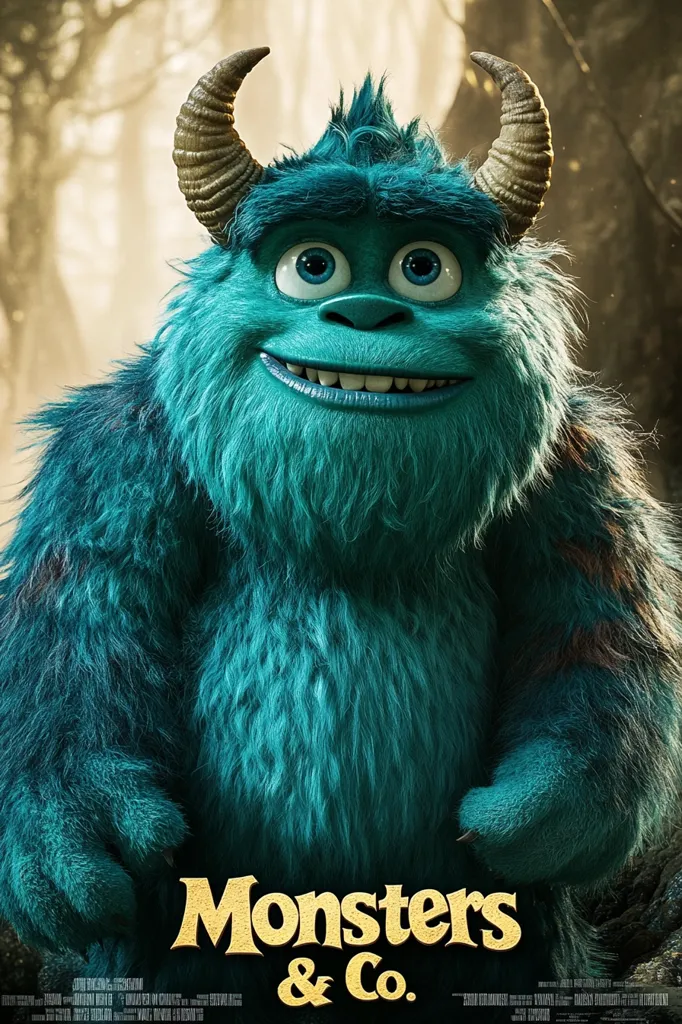 A poster for "Monsters & Co." features a large, friendly-looking blue monster.  The monster has large, expressive eyes, a wide smile, and impressive horns.  Its fur is thick and teal, and it appears to be standing in a dimly lit forest. The title is displayed prominently at the bottom in a stylized gold font.  The overall tone is whimsical and inviting.