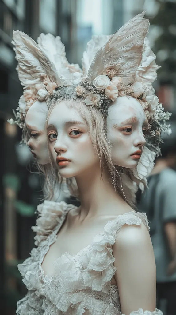 A young woman with pale skin and blonde hair wears an elaborate headpiece adorned with delicate wings, flowers, and two sculpted faces flanking her own.  The headpiece is reminiscent of a fairy or ethereal creature. She is dressed in a lacy, off-white gown with ruffled detailing, complementing the delicate and whimsical aesthetic of the overall image. The background is blurred, focusing attention on the model and her intricate headdress.