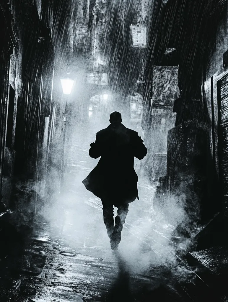 A lone figure, shrouded in shadow, hurries down a rain-swept alleyway.  The city's dim light casts an ethereal glow on the slick cobblestones as the individual disappears into the misty fog.  The heavy rain obscures the surroundings, creating a moody, atmospheric scene. The image is a dramatic monochrome, emphasizing the mystery and solitude of the moment.