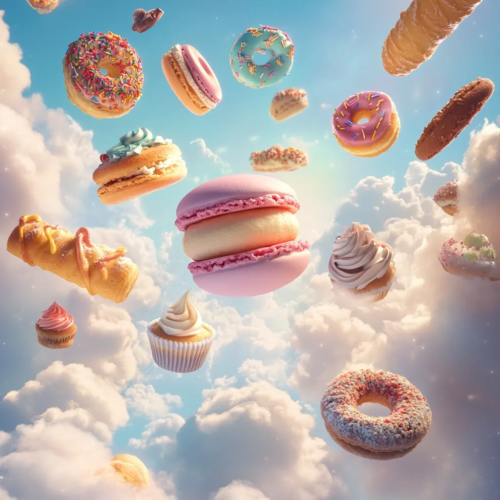 A whimsical array of pastries floats amidst fluffy clouds under a bright blue sky. Donuts, macarons, cupcakes, and other sweet treats drift effortlessly, creating a fantastical, sugary landscape.  The vibrant colors and playful composition evoke a sense of childlike wonder and delicious dreams.