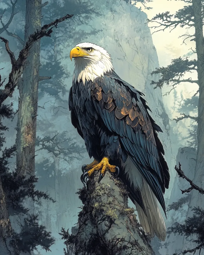 A majestic bald eagle, with its iconic white head and brown body, perches on a weathered tree stump.  The eagle's gaze is directed to the left, its sharp talons firmly gripping the wood. The background features a misty, atmospheric forest scene with towering rock faces and silhouetted trees, creating a serene and powerful image. The overall palette is muted blues and greens, enhancing the sense of tranquility and wilderness.