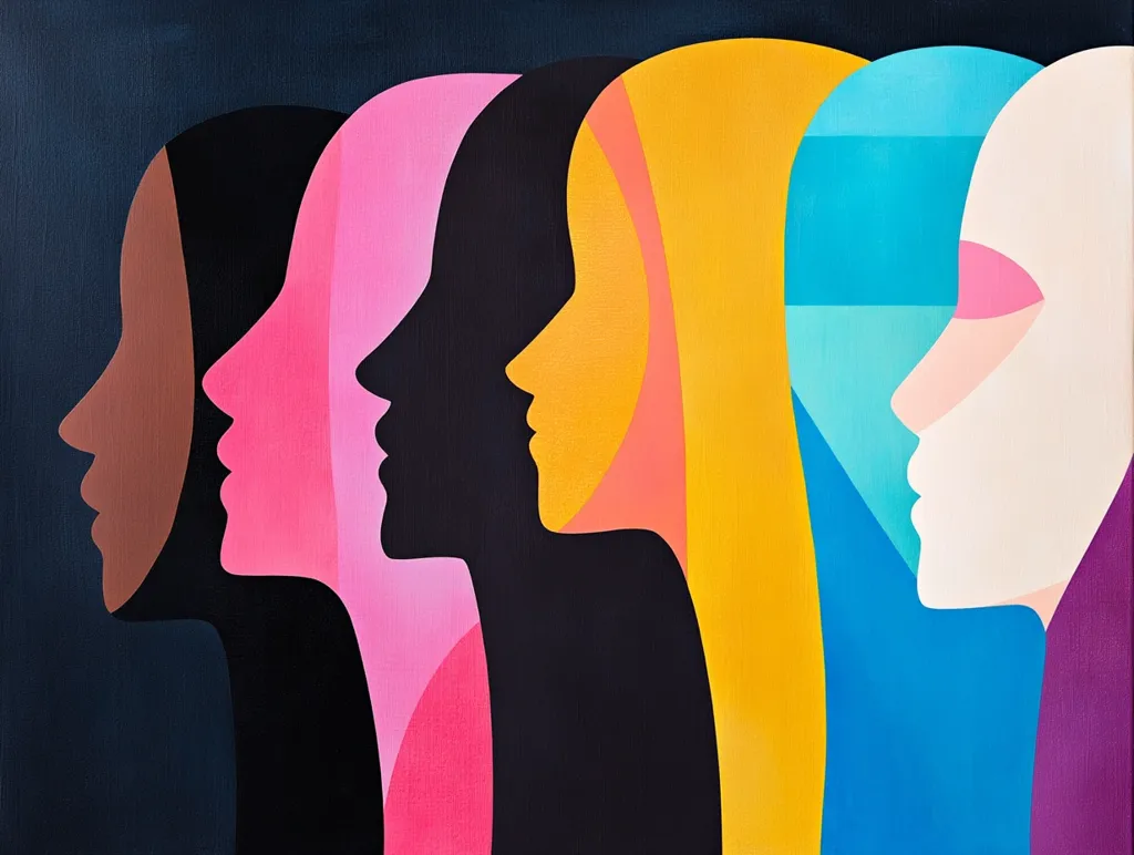 A vibrant abstract artwork depicts five stylized female profiles in profile view, positioned side-by-side.  Each face is rendered in bold, solid colors—brown, pink, black, yellow, and a teal/white combination—creating a striking contrast against a dark background. The overlapping forms suggest unity and diversity, emphasizing the individuality within a collective. The clean lines and geometric shapes contribute to a modern and visually engaging composition.