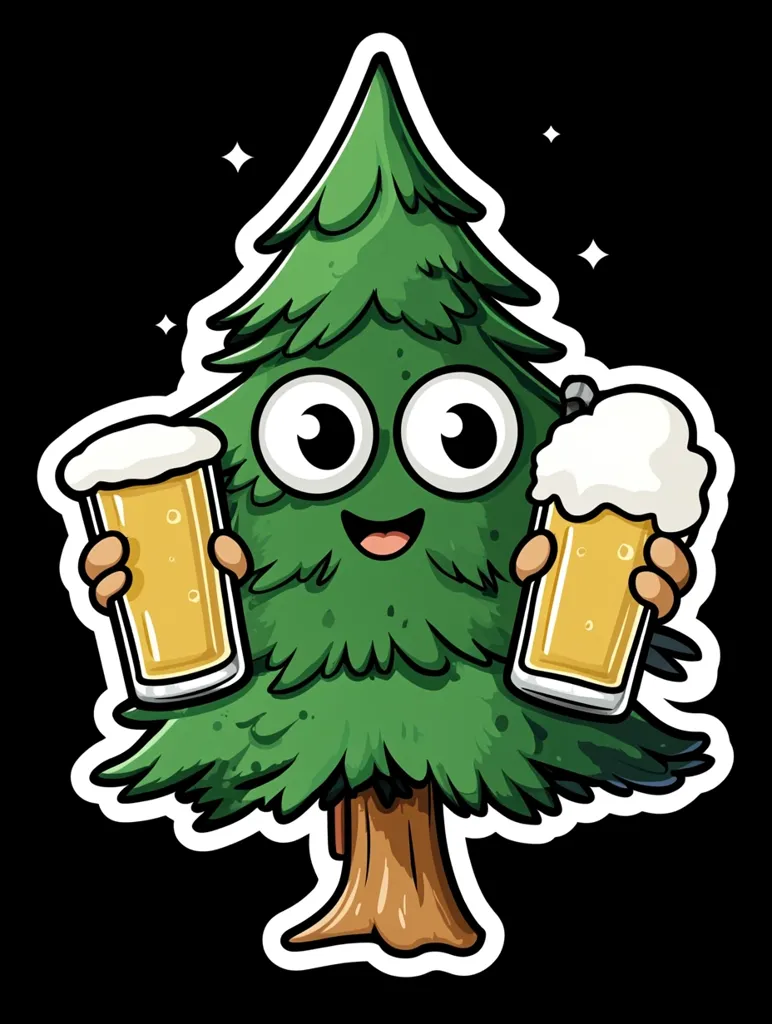 A cheerful cartoon Christmas tree with large eyes and a smiling face holds a beer glass in each hand.  The tree is green and lush, with a thick brown trunk. The beer is light yellow and foamy.  The overall style is playful and whimsical, suggesting a festive and jovial atmosphere.