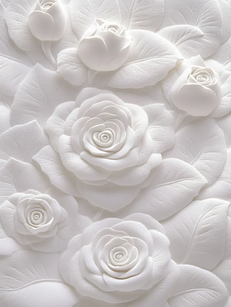 A close-up shot reveals an intricate arrangement of sculpted white roses and leaves. The roses are meticulously detailed, with their petals layered to create a three-dimensional effect.  The overall texture is smooth and the color is a consistent, pure white, creating a serene and elegant aesthetic. The image suggests a bas-relief or embossed design, possibly part of a wall decoration or artwork.