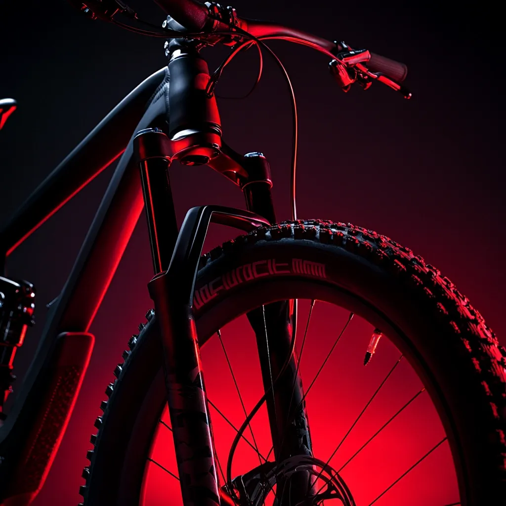 A close-up shot of a black mountain bike's front end, illuminated by a red backlight.  The image highlights the suspension fork, thick tire with prominent tread, and handlebars. The bike's matte black finish contrasts sharply against the vibrant red background, creating a dramatic and visually striking effect.  Details like the cables and brake system are subtly visible.