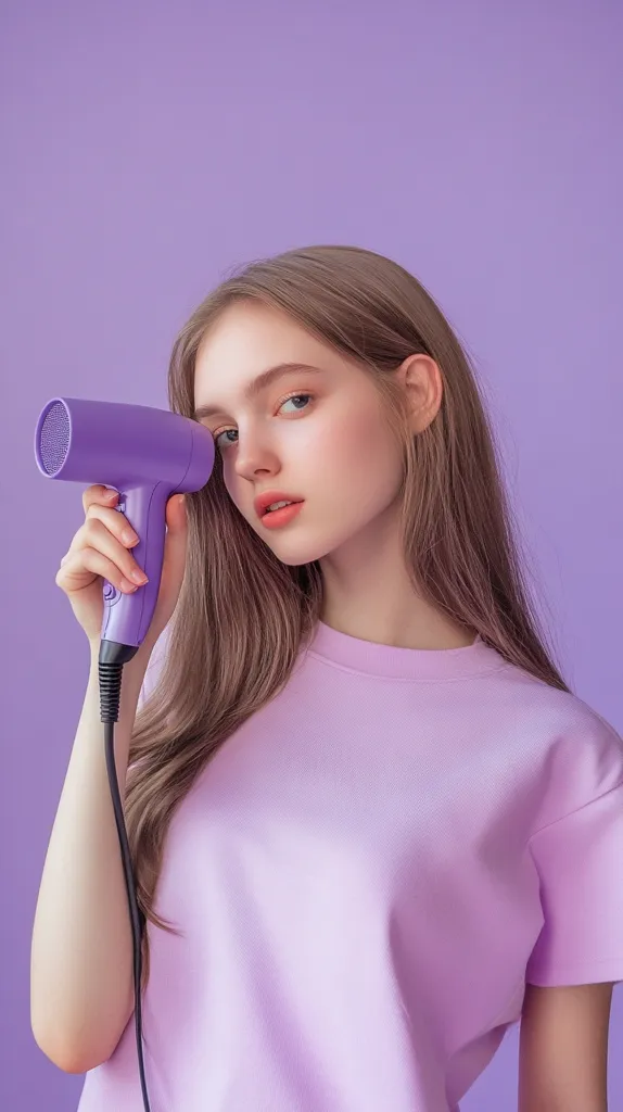 A young woman with long brown hair holds a lavender-colored hair dryer against her face. She's wearing a light purple crew-neck t-shirt. The backdrop is a solid purple, creating a monochromatic aesthetic.  The overall mood is calm and serene, with a focus on the soft colors and the model's gentle expression.