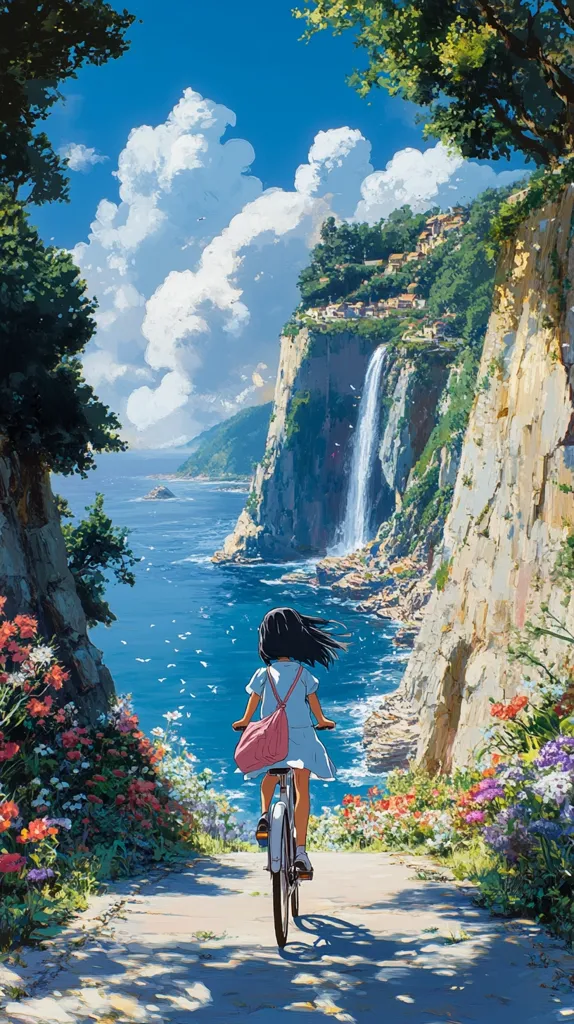A girl on a bicycle rides along a path lined with vibrant flowers.  She is headed towards a breathtaking coastal scene.  Towering cliffs, a cascading waterfall, and a picturesque village cling to the dramatic shoreline.  The ocean is a brilliant blue, and fluffy white clouds fill a bright summer sky.  The overall atmosphere is peaceful and idyllic.