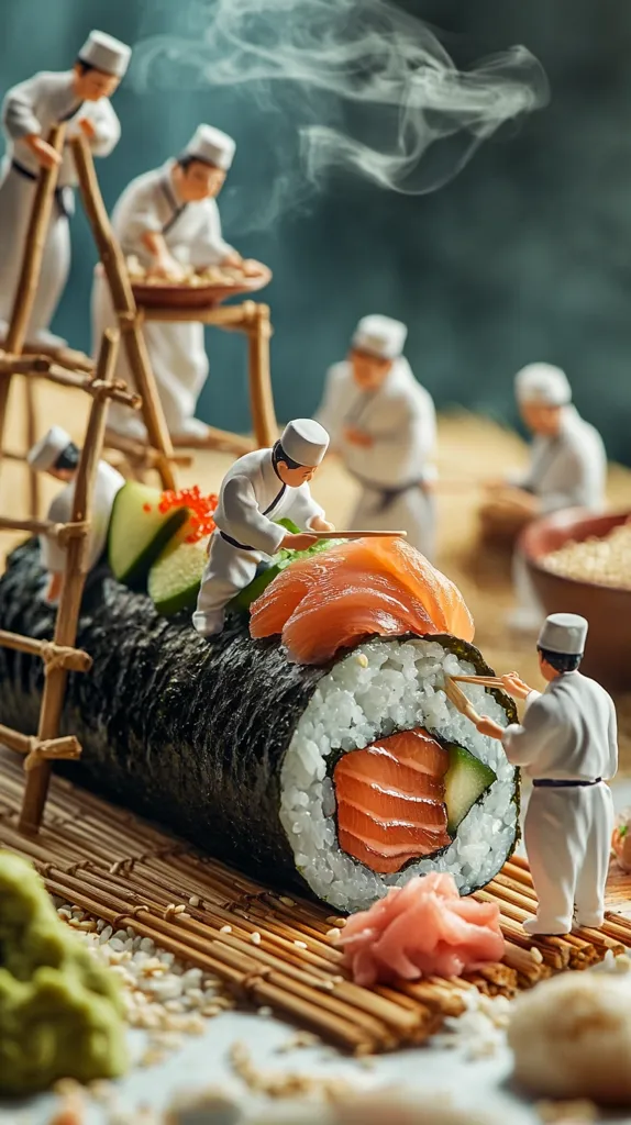Miniature chefs meticulously craft a giant sushi roll.  They work collaboratively, adding salmon, cucumber, and other ingredients to the seaweed-wrapped rice. The scene is detailed, with a rustic wooden scaffolding and scattered sesame seeds, creating a whimsical and artistic representation of sushi preparation.  Steam rises subtly, adding to the atmospheric depth.