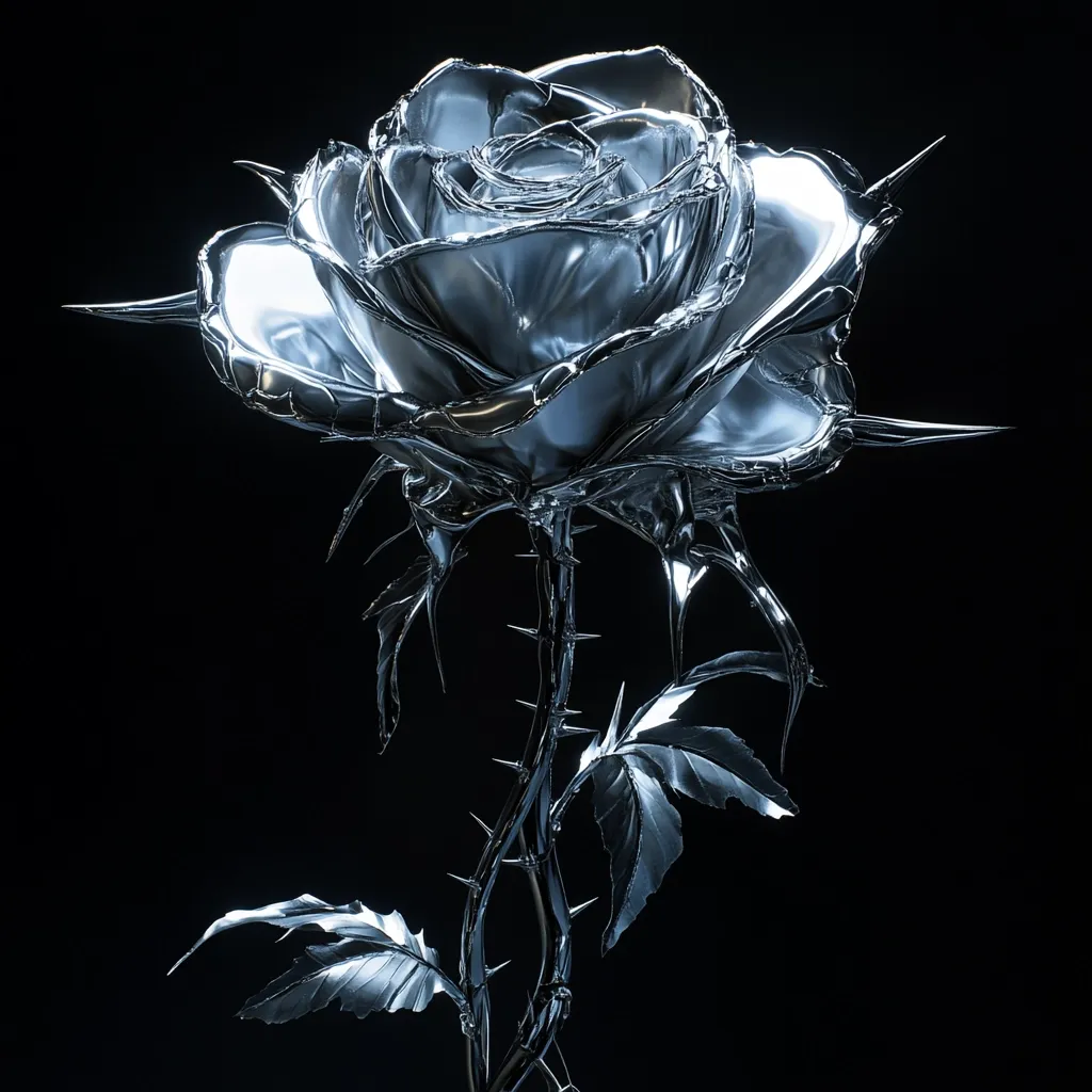 A striking image of a silver, metallic rose against a black background.  The rose is rendered with meticulous detail, showcasing a reflective, almost liquid-like surface.  Sharp thorns adorn both the stem and petals, contrasting the delicate form of the flower with a fierce edge. The lighting emphasizes the reflective qualities of the metal, creating a dramatic and elegant aesthetic.
