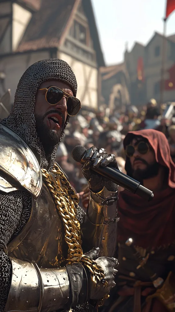 A knight, clad in chainmail and gleaming plate armor, holds a microphone and raps. He wears sunglasses and a thick gold chain, a striking contrast to his medieval attire.  Behind him, a crowd watches, partially obscured, and another figure in a hooded robe and sunglasses stands nearby. The setting appears to be a medieval town square.  The image is digitally rendered, with a high level of detail in the armor and textures.