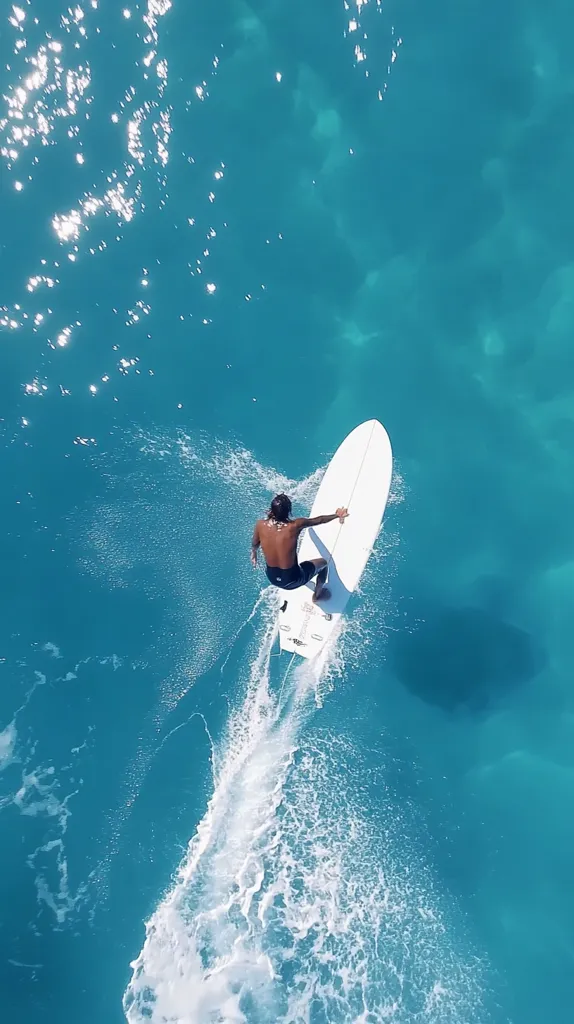 An aerial shot captures a surfer riding a white surfboard across vibrant turquoise water.  The surfer, a dark-haired man with a bare torso, is seen from above, his body angled slightly.  White water trails behind him, creating a dynamic contrast against the clear ocean.  Sunlight glistens on the water's surface. The scene evokes a sense of freedom and tranquility.