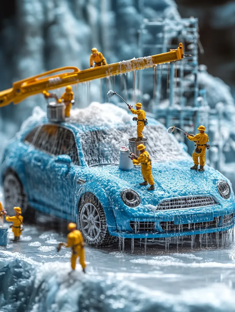A miniature scene depicts a blue car being washed by tiny workers in yellow overalls.  They use a long cleaning apparatus and buckets, creating a frothy soap covering the vehicle. The setting resembles a cold, possibly icy, environment. The image showcases intricate detail in the miniature figures and the car model, creating a whimsical and charming scene.
