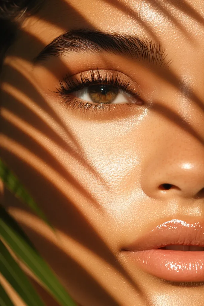A close-up shot captures a woman's face, partially obscured by palm leaf shadows.  Her skin is sun-kissed and glowing, with subtly defined brows and long lashes framing her warm brown eye.  A hint of shimmer illuminates her cheekbone, and her lips are glossy and nude-toned. The image exudes a natural, sun-drenched aesthetic.