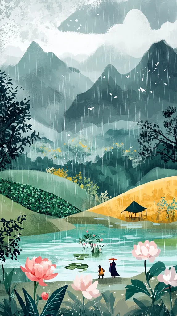A serene landscape painting depicts a tranquil pond nestled amidst rolling green hills under a gentle rain. Lush vegetation surrounds the water, adorned with vibrant pink lotus flowers.  Two figures, possibly travelers, are seen near the water's edge, sheltered by an umbrella.  In the background, misty mountains rise majestically under a soft, rainy sky. The overall mood is peaceful and contemplative.