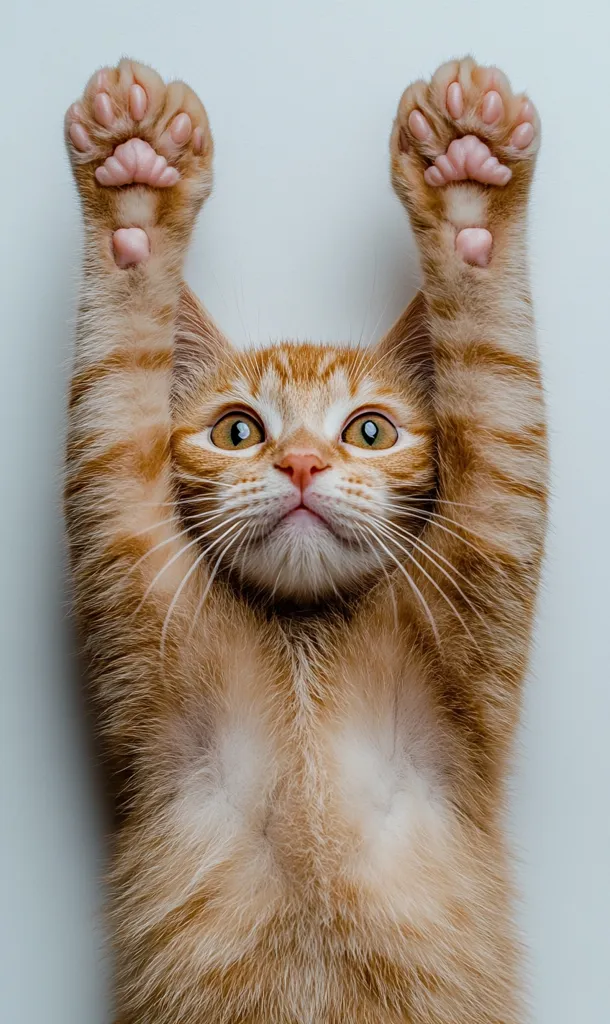 An adorable ginger kitten stretches its paws upward, showcasing its polydactylism—extra toes on each paw.  Its large, curious eyes are wide open, and its expression is one of playful innocence.  The soft, light ginger fur contrasts beautifully against the plain white background. The kitten's posture suggests curiosity and a playful demeanor.