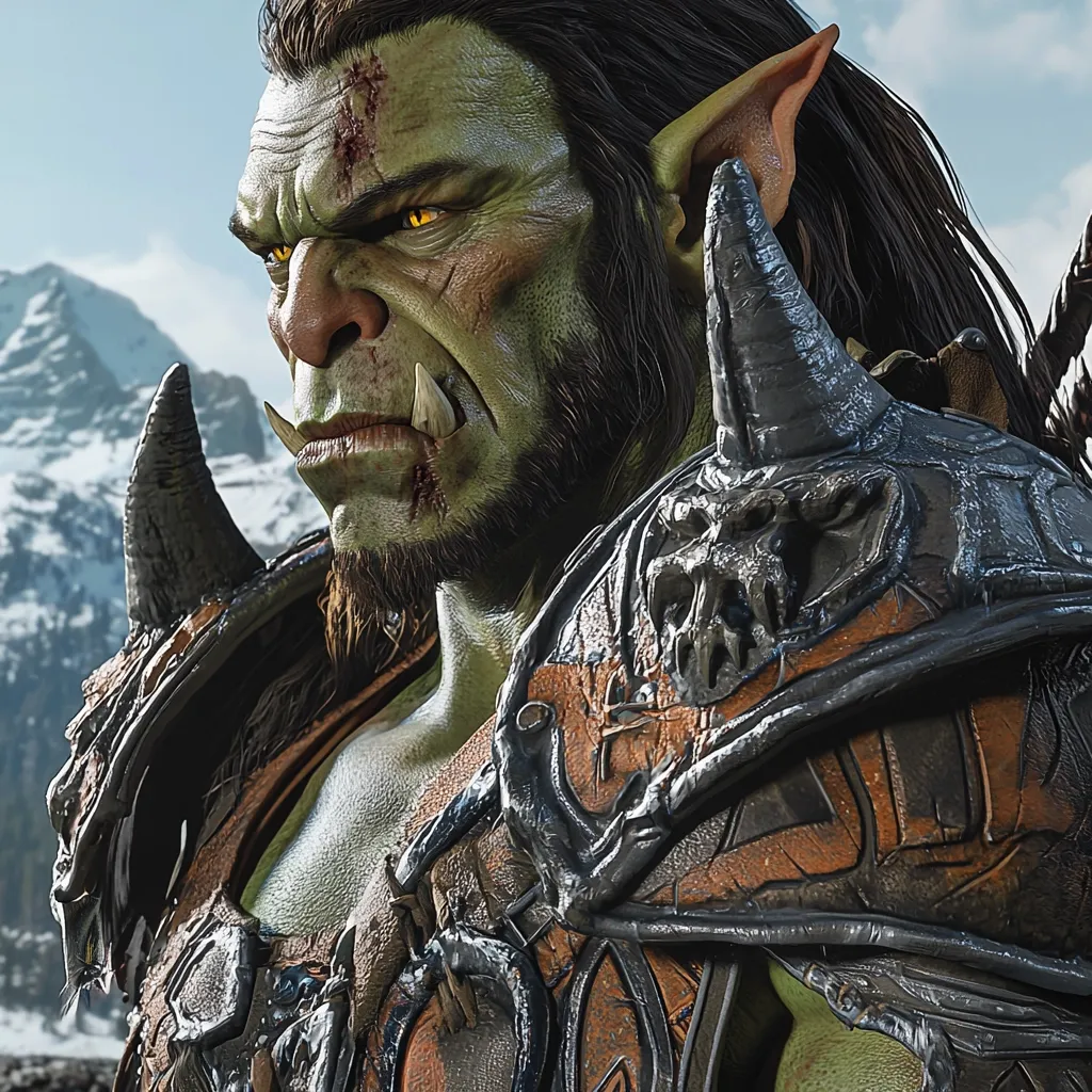A close-up reveals a formidable orc warrior, his green skin etched with battle scars.  His intense gaze, accentuated by bright yellow eyes, is directed slightly away from the viewer. He sports elaborate, dark armor adorned with orange leather and skull-like details, against a backdrop of snow-capped mountains.  His long dark hair and prominent tusks complete the imposing figure.