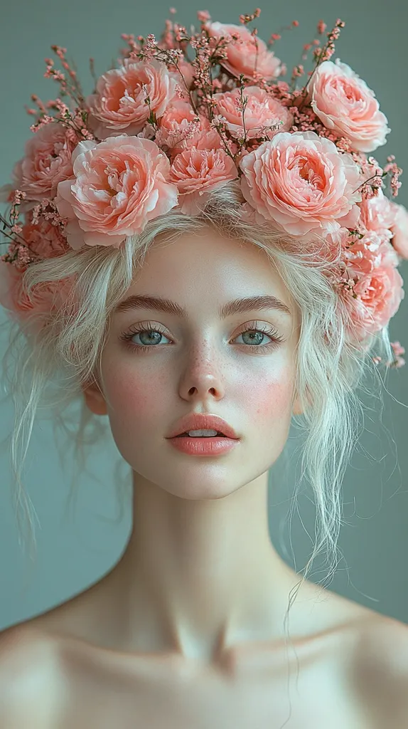 A portrait of a young woman with pale skin and blonde hair adorned with a crown of delicate pink roses and small flowers.  Her complexion is flawless, and her expression is serene. The overall aesthetic is ethereal and romantic, evoking a sense of beauty and grace. The soft lighting enhances the delicate features and the floral headpiece.