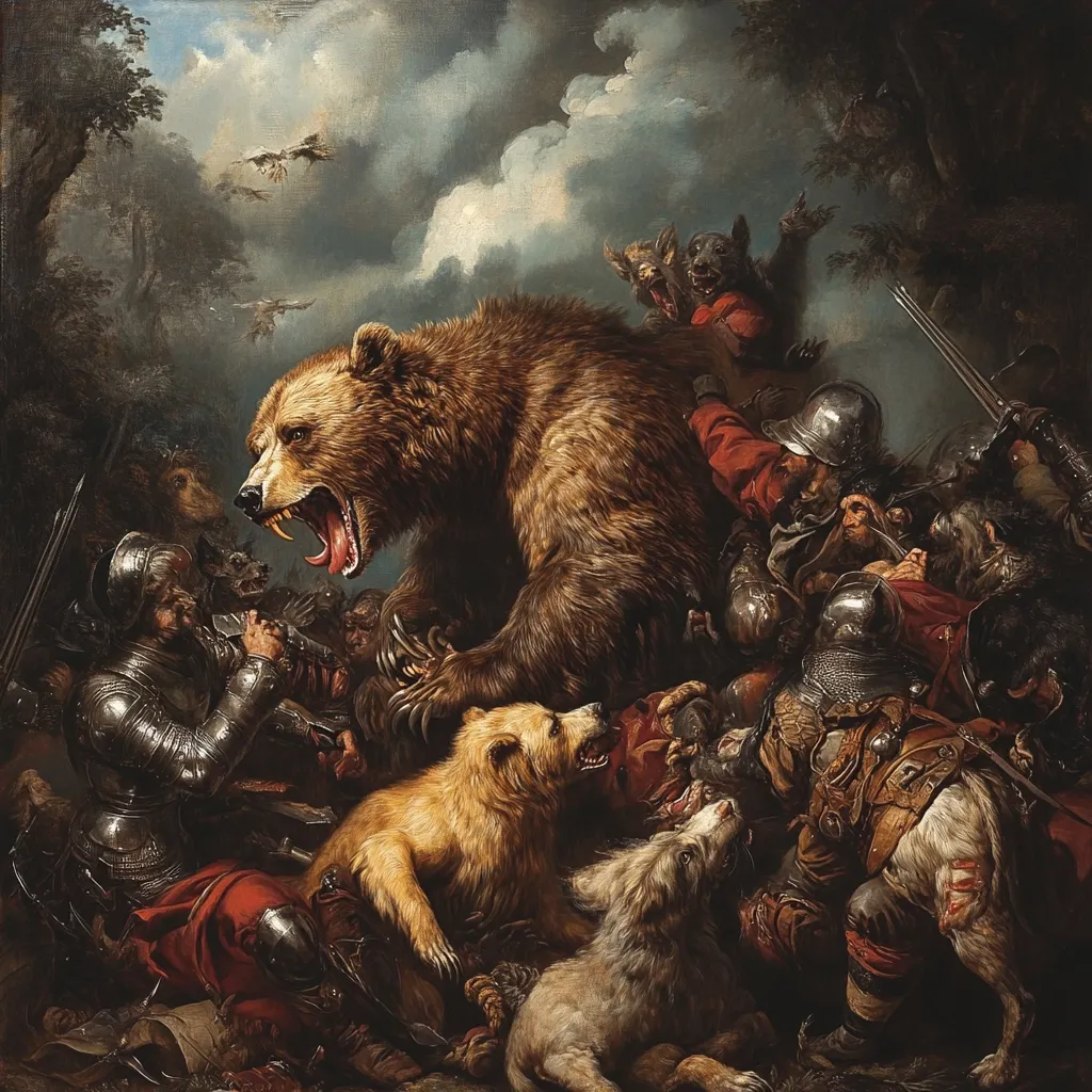 A dramatic oil painting depicts a ferocious brown bear mauling a group of medieval knights and dogs.  The bear is central, its claws extended, surrounded by armored figures struggling in a chaotic melee.  One knight, in full plate armor, attempts to defend himself.  The scene is set in a dark, wooded area under a stormy sky, adding to the intensity of the violent confrontation.  The painting's style suggests a Baroque or Renaissance influence.