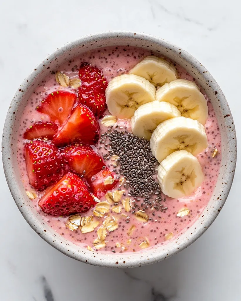 A vibrant pink smoothie bowl is topped with fresh strawberries, banana slices, chia seeds, and rolled oats.  The creamy pink base is nestled in a speckled, light grey bowl, creating a visually appealing and healthy breakfast or snack. The combination of fruits and seeds suggests a nutritious and delicious meal.
