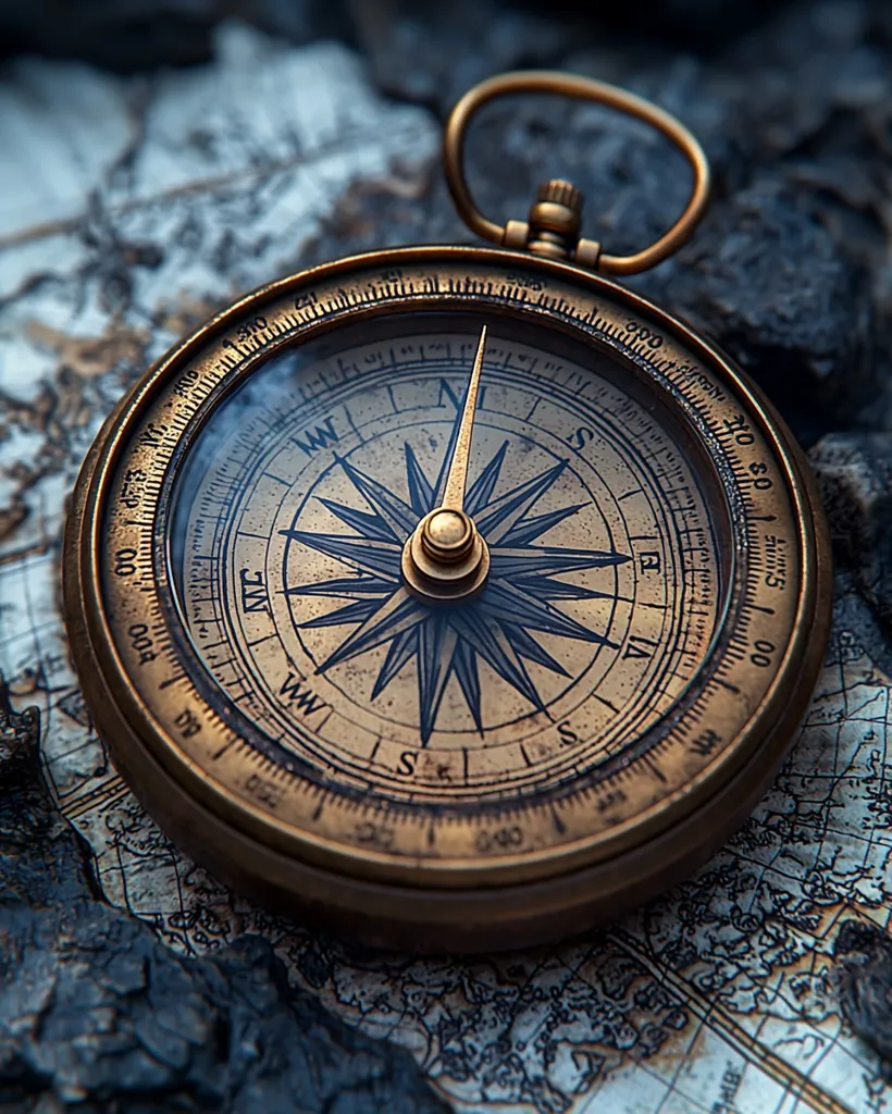 An antique brass compass rests on an aged, parchment map.  The compass's needle points north, its intricate design and weathered finish hinting at journeys past.  The map, partially obscured by dark, possibly volcanic, rocks, adds to the sense of exploration and adventure.  The overall image evokes a feeling of old-world travel and discovery.