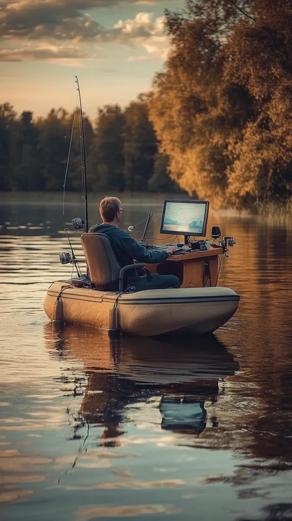 A man sits in a small inflatable boat, working on a laptop at a custom-built desk.  Fishing rods are mounted on the boat. The serene setting features calm water and a tranquil forest backdrop under a sunset sky.  The scene portrays a blend of work and leisure in a peaceful natural environment.