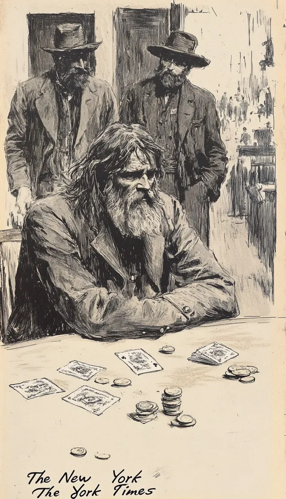 A black and white illustration depicts a scene of a card game. A long-haired, bearded man sits at a table strewn with playing cards and stacks of coins, appearing weary. Two men in hats stand behind him, observing. The style is reminiscent of newspaper illustrations from the late 19th or early 20th century, with "The New York Times" subtly printed at the bottom. The setting appears to be a dimly lit, possibly public space.  The overall mood is somber and suggestive of a high-stakes game.