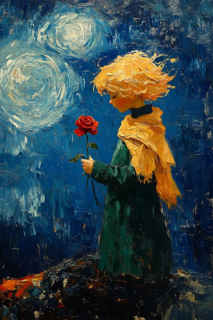 A painting in an impasto style depicts the Little Prince, a blond boy in a green coat and orange scarf, holding a single red rose. The background is a deep blue night sky with swirling, Van Gogh-esque clouds. The scene is evocative of the fairy tale's melancholic beauty, the boy's gentle demeanor mirroring the fragility of his beloved rose. The thick application of paint lends texture and emotion to the piece.