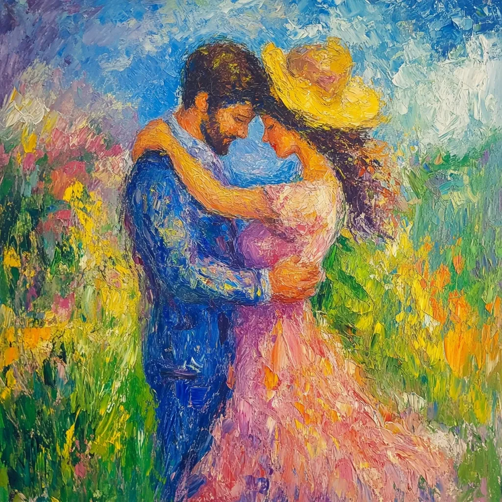 A vibrant oil painting depicts a romantic embrace. A man in a blue suit and a woman in a pink dress stand close, foreheads touching, amidst a field of colorful flowers.  The impasto style creates a textured, expressive feel, emphasizing the couple's affection and the beauty of their surroundings. The sky is a blend of blues and whites, suggesting a bright, sunny day. The painting conveys a sense of joy and intimacy.