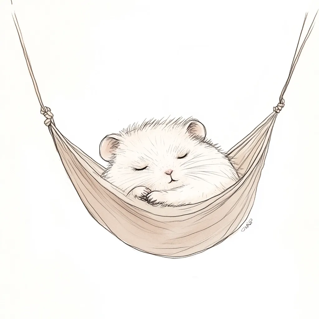 An adorable illustration of a fluffy white hamster peacefully sleeping in a beige hammock.  The hamster is curled up, eyes closed, its tiny paws tucked in. The hammock is gently swaying, creating a serene and calming image.  The style is delicate and whimsical, with soft lines and muted tones.