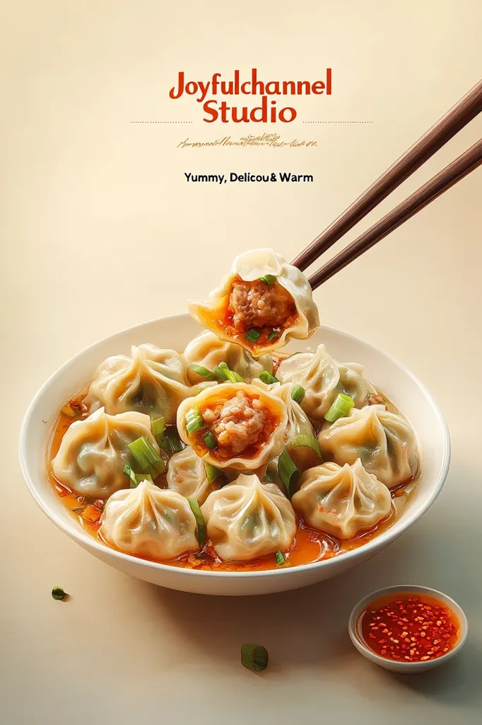 A bowl of steaming dumplings, delicately held by chopsticks, is the centerpiece of this appetizing image.  The dumplings, filled with flavorful meat and garnished with green onions, are nestled in a rich broth.  A small dish of chili oil adds a touch of spice. The background features the Joyfulchannel Studio logo and the words "Yummy, Delicou & Warm," perfectly capturing the essence of the delicious dish.