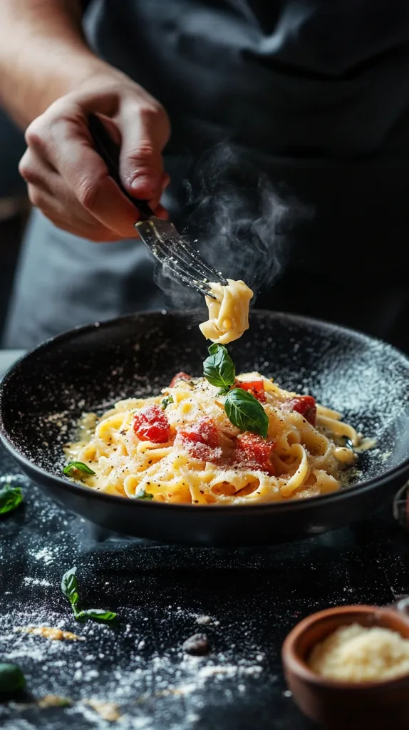 A person's hand uses a fork to lift a strand of steaming pasta from a black bowl. The pasta is fettuccine, tossed in a creamy sauce with sun-dried tomatoes and fresh basil, topped with grated parmesan cheese.  The scene is dark and moody, highlighting the delicious-looking dish.  A small bowl of extra parmesan cheese sits on the table next to the bowl of pasta.