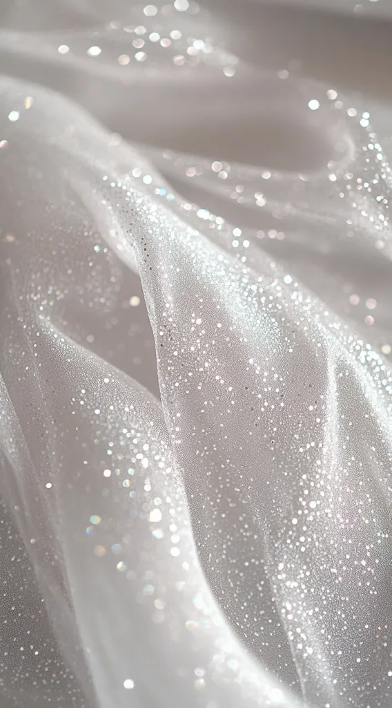 Close-up view of a sheer, white fabric adorned with fine glitter.  The fabric is softly draped, creating gentle folds and highlighting the shimmering effect of the embedded sparkles.  The overall impression is one of delicate elegance and ethereal beauty.  Light reflects beautifully off the surface, enhancing the glittering texture.