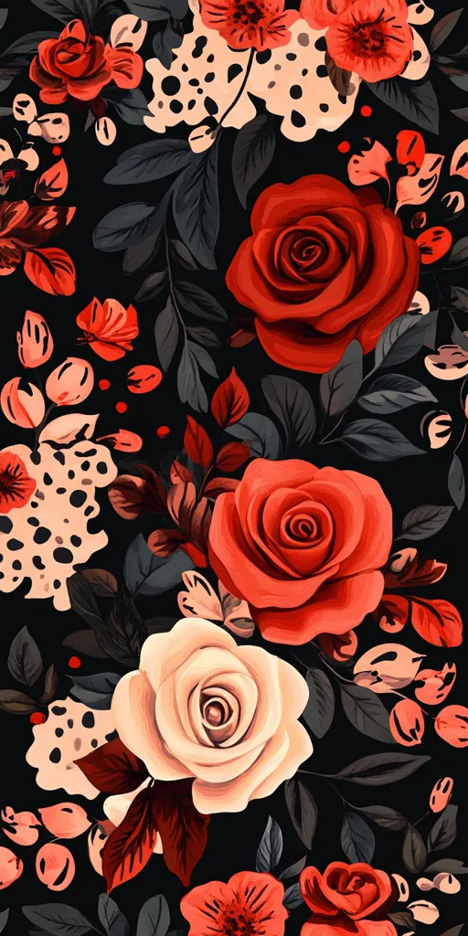 A vibrant floral pattern showcases a profusion of red and peach roses, interspersed with smaller blossoms and dark foliage.  The design is set against a stark black background, creating a dramatic contrast.  Abstract, dalmatian-spotted shapes add texture and visual interest to this rich, romantic floral print. The roses are depicted in a painterly style, with visible brushstrokes contributing to their depth and vibrancy.