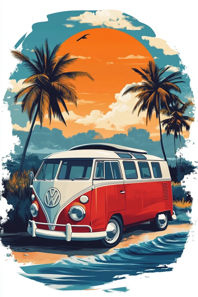 A vibrant illustration depicts a classic red and white Volkswagen bus parked on a beach at sunset.  Two palm trees flank the vehicle, their silhouettes stark against the large, orange sun.  The ocean gently laps at the shore, creating a tranquil, idyllic scene evocative of a carefree summer vacation. The style is reminiscent of vintage travel posters, emphasizing bold colors and a nostalgic mood.
