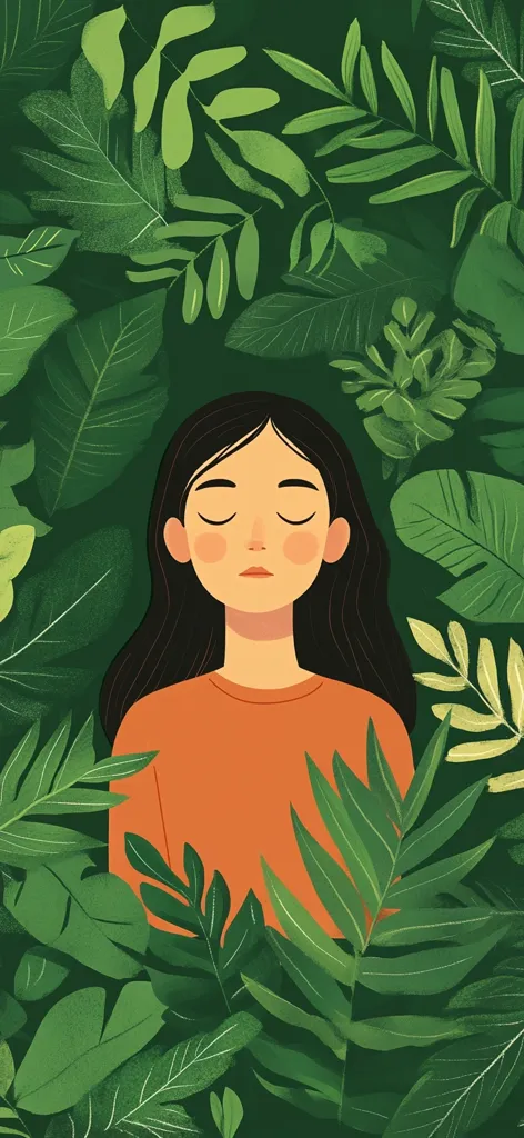 A stylized illustration depicts a serene woman with closed eyes, her long dark hair cascading around her shoulders. She's wearing a burnt orange sweater and is nestled amidst a vibrant array of lush green leaves, creating a peaceful and tranquil scene. The artwork's color palette is limited, with varying shades of green and a warm orange, emphasizing the calm atmosphere.  The style is reminiscent of modern graphic design, with a flat, slightly textured rendering of the woman and foliage.