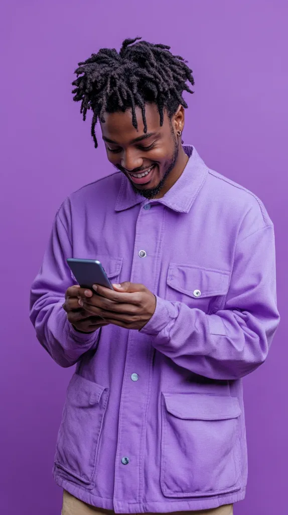A young Black man with dreadlocks smiles down at his phone, which he holds in both hands.  He's wearing a light purple work jacket and beige pants, standing against a solid purple background.  His expression suggests he's reading something amusing or engaging on his phone. The overall mood is cheerful and relaxed.