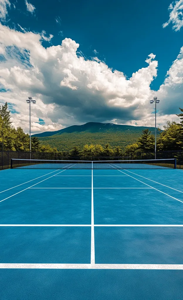 A vibrant blue tennis court stretches towards a picturesque mountain backdrop under a partly cloudy sky.  Tall light poles flank the court, suggesting evening play.  Lush green trees border the court, creating a serene and idyllic setting for the game.  The court's bright color contrasts beautifully with the natural surroundings.