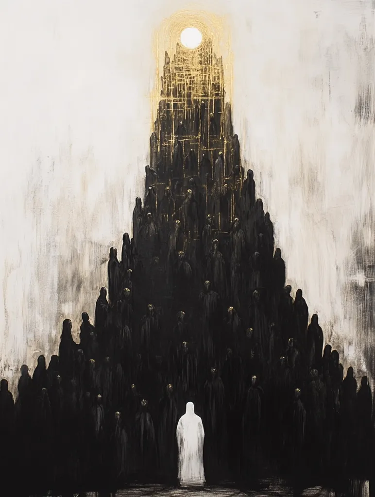 A solitary white-robed figure stands before a vast, dark crowd ascending a golden, luminous structure reaching towards a radiant sun. The figures in the crowd are indistinct, cloaked in shadows. The artwork evokes themes of isolation, faith, and the journey towards enlightenment, contrasting the individual's purity against the anonymity of the masses.  The overall style is somber and evocative.