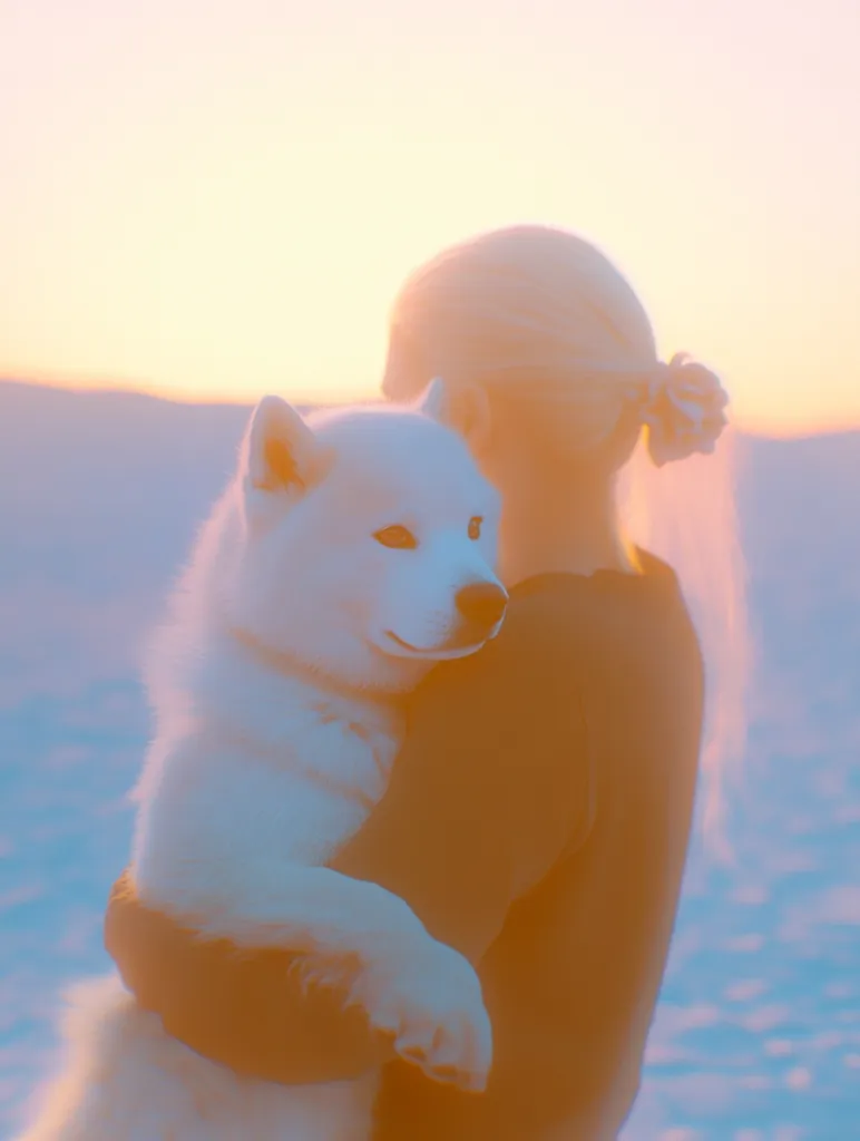 A person with light-colored hair, styled in a bun with a flower accent, holds a fluffy white dog close to their chest. The scene is bathed in the warm, soft light of a sunset, casting a dreamy, pastel hue over the image. The focus is on the connection between the person and the dog, creating a serene and peaceful atmosphere.  The background is a blurred landscape of snow or ice, enhancing the ethereal quality.